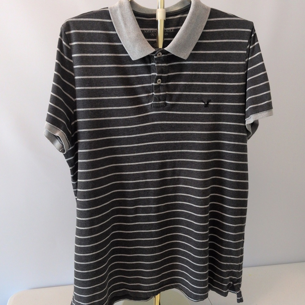 American Eagle Polo Shirt Mens XL Grey Striped Classic Fit Short Sleeve Casual